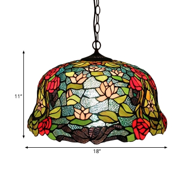 Flower Hanging Chandelier Tiffany-Style Red/Orange/Green Stained Glass 3 Lights Pendant Lamp for Dining Room