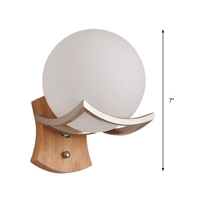 Frosted White Glass Round Sconce Light Modernism 1 Head Wood Wall Mounted Lighting