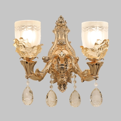 Gold Bowl Wall Mount Light Fixture Traditional Translucent Crystal 1/2 Heads Living Room LED Wall Sconce Lighting