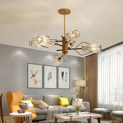 Gold Cylinder Hanging Chandelier Vintage Clear Crystal Glass 3/6/8 Lights Living Room Ceiling Pendant