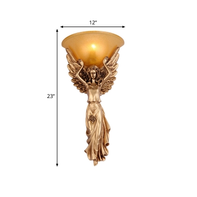 Gold/White Angel Wall Mount Lighting Vintage Style Resin 1 Light Bedroom Sconce Light with Bowl Amber Glass Shade
