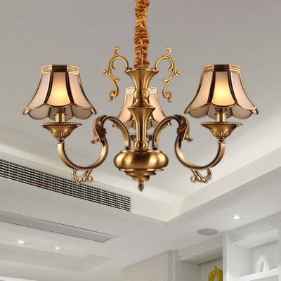 Metal Armed Chandelier Lighting Colony 3/5/6 Bulbs Hanging Light Fixture in Gold with Frosted Glass Shade