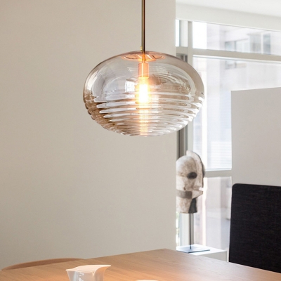 Modernist Sphere Hanging Light Clear Ribbed Glass 1 Bulb Living Room Pendant Lighting Fixture