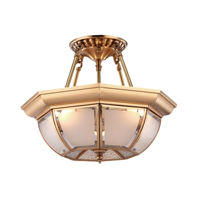 Opal Glass Brass Ceiling Flush Bowl 3/4 Heads Traditionalist Semi Flush Mount Chandelier for Dining Room, 14