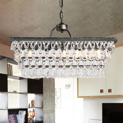 Rectangle Living Room Hanging Lamp Kit Traditional Teardrop Crystal 4/6 Heads Silver Chandelier Lighting