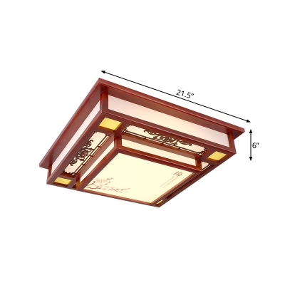 Red LED Flush Mount Light Traditional Wooden Square Ceiling Fixture with Acrylic Shade for Living Room