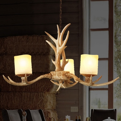 Resin Branch Chandelier Lamp Traditionary 3/6 Heads Ceiling Hanging Light in Brown with Cylinder Frosted Glass Shade