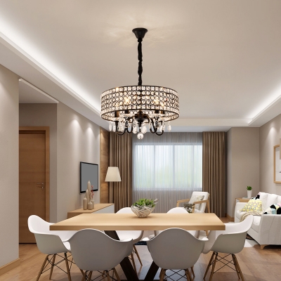 Round Inserted Crystals Chandelier Lighting Traditional 4 Heads Dining Room Suspension Light in Black
