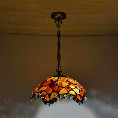 Scalloped Ceiling Pendant Light 2 Lights Stone Tiffany Stylish Down Lighting in Red/Beige for Kitchen