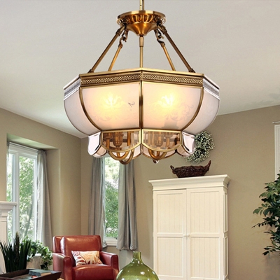 Scalloped Living Room Pendant Chandelier Colonial Opal Blown Glass 4 Heads Brass Hanging Ceiling Light