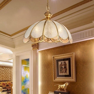 Seeded Glass Scalloped Chandelier Light Fixture Colonialist 3 Lights Dining Room Ceiling Pendant in Gold