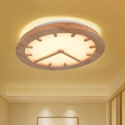 Simple Clock Shaped Wood Flush Mount Lighting LED Flush Ceiling Light Fixture in Beige