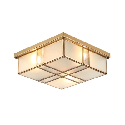Square Living Room Flushmount Light Traditional Frosted Glass 2/4 Lights Brass Ceiling Lamp