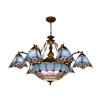 Tiffany-Style Pyramid Chandelier 9/11 Heads Stained Glass Ceiling Hang Fixture in Blue for Living Room