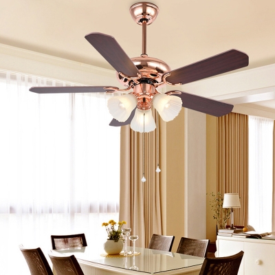 Traditional Blossom Ceiling Fan 3 Heads Opaque Glass Semi Flush Mount Lighting in Rose Gold