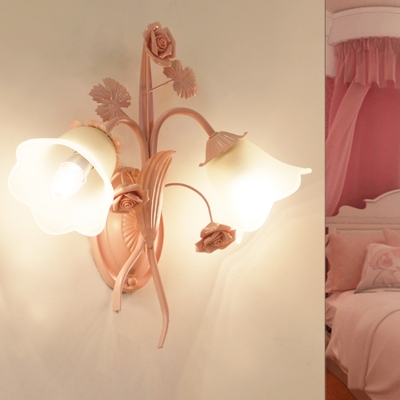 Traditionalism Floral Wall Mount Lamp 2 Heads Milky Glass Wall Sconce in Pink for Bedroom