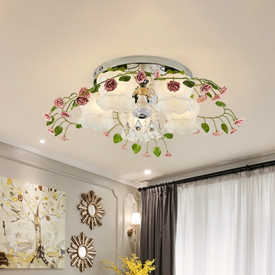 White Glass Leaf Ceiling Lighting Countryside 5 Heads Living Room Flush Mount Fixture with Dangling Crystal