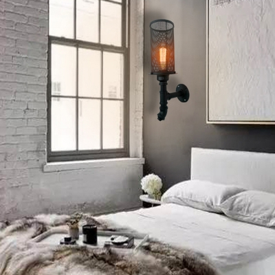 Wire Mesh Bedroom Sconce Lamp Industrial Style Metal 1 Light Black Wall Mounted Light