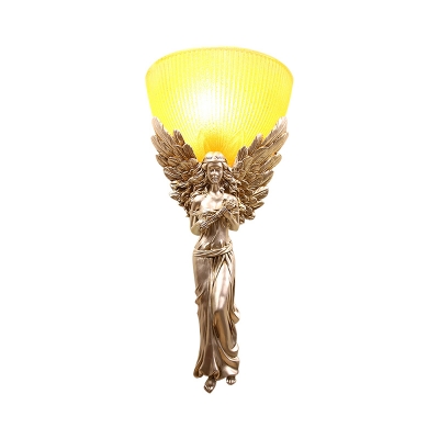 Yellow Glass Bowl Flush Wall Sconce Lodge Style 1 Light Bedroom Wall Light with Gold/Silver/White Angel Backplate