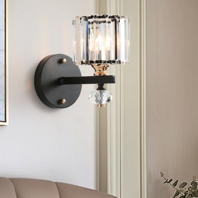 1 Bulb Bedroom Wall Lamp Modern Black Sconce Light Fixture with Drum Fluted Glass Shade