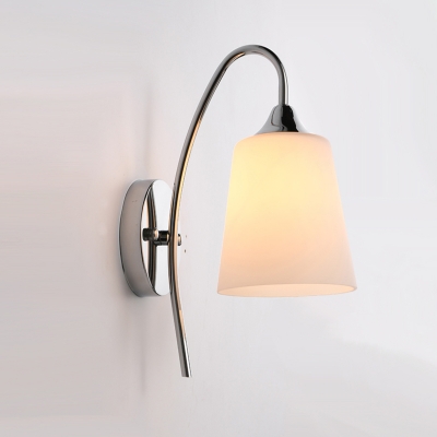 1 Bulb Conical Wall Lamp Modern Opal Frosted Glass Sconce Light Fixture in Chrome with Metal Curvy Arm