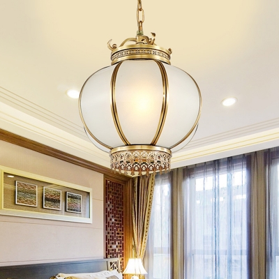 1 Head Lantern Pendant Lamp Traditional Brass Frosted Glass Hanging Light Fixture for Restaurant