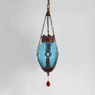 1 Light Oval Suspension Lamp Vintage Red/Blue/Purple Textured Glass Hanging Ceiling Light for Dining Room