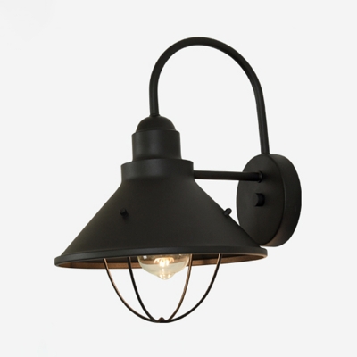 1 Light Sconce Light Fixture Vintage Cone Metal Wall Lighting in Black for Outdoor with Cage