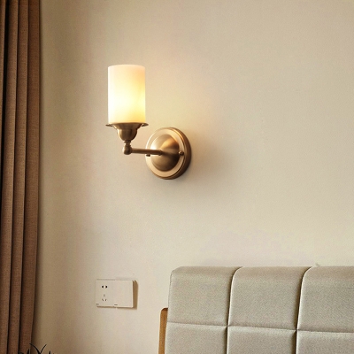 1 Light Sconce Light with Cylindrical Shade Milk Glass Modern Style Living Room Wall Mounted Lamp in Brass