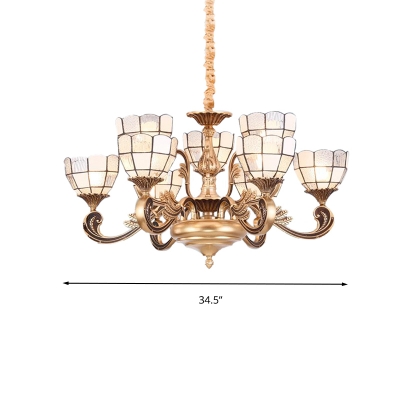 12 Heads Scalloped Chandelier Lighting Fixture Tiffany-Style Gold Hand Cut Glass Hanging Light for Living Room