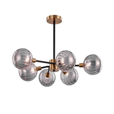 6 Bulbs Living Room Hanging Chandelier Modern Brass Pendant Light Kit with Orb Smoke Glass Shade