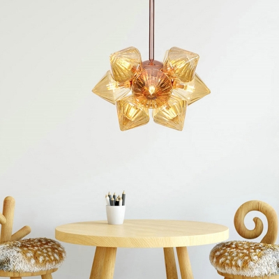 Amber Ribbed Glass Tapered Chandelier Lighting Contemporary 9/12 Heads Hanging Ceiling Light