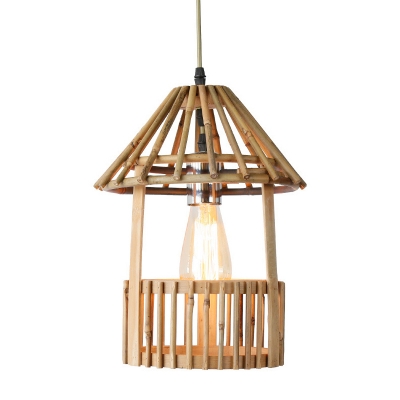 Asia Pavilion Shaped Hanging Lamp Bamboo 1 Light Dining Room Suspension Pendant in Wood
