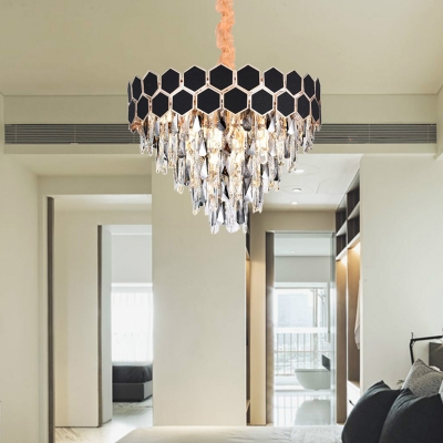 Black Tiered Hanging Chandelier Modern Style 9/16 Lights Crystal Pendant Light Kit for Living Room