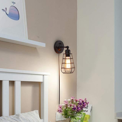 Black Wire Frame Wall Sconce Light Industrial Stylish 1/2-Bulb Metal Wall Mounted Lamp with Plug in Cord for Bedroom