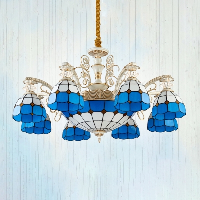 Blue 3/5/9 Lights Hanging Chandelier Mediterranean Stained Art Glass Grid Patterned Ceiling Pendant Light