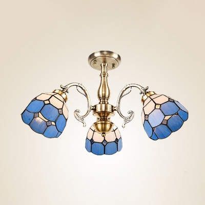 Blue Grid Patterned Ceiling Fixture Mediterranean 3/5/11 Lights Stained Glass Semi Flush Mount Lamp