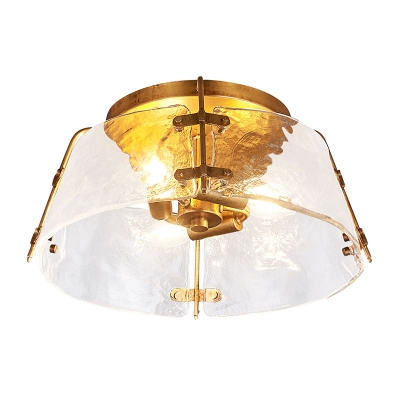 Brass 3 Heads Flush Mount Lamp Traditional Water Glass Drum Ceiling Fixture for Living Room