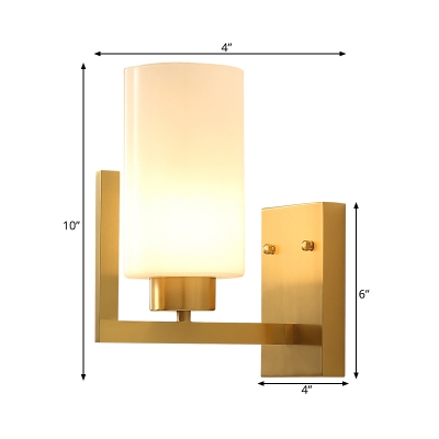 Brass Finish Cylinder Wall Lighting Minimalism Style Frosted Glass 1 Light Bedroom Wall Mounted Light