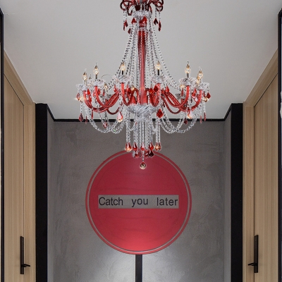 Candle Beveled Crystal Pendant Chandelier Modernism 12 Bulbs Red Hanging Light for Living Room
