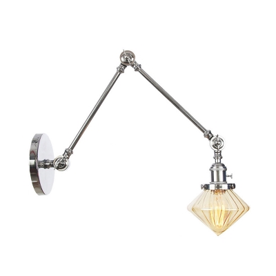 Clear/Amber Glass Diamond Wall Light Farmhouse 1 Light Dining Room Sconce in Chrome/Copper/Brass with Adjustable Arm, 8