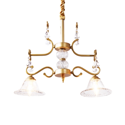 Clear Glass Gold Pendant Chandelier Flared 2 Lights Traditionalism Ceiling Hang Fixture with Dangling Crystal Accent