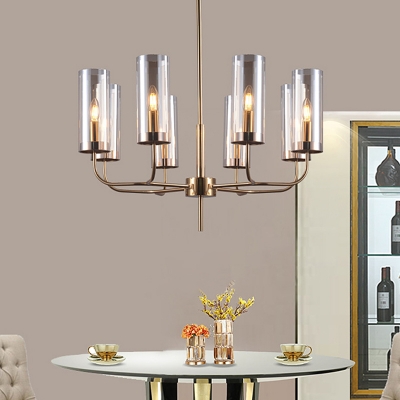 Cognac Glass Cylinder Ceiling Chandelier Modern 8 Heads Hanging Pendant Light with Metal Curved Arm