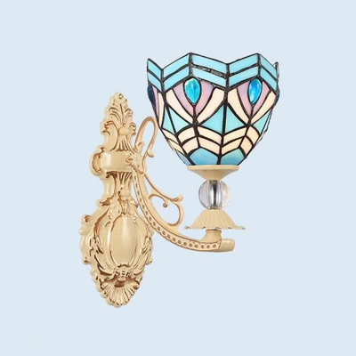 Conical/Dome Sconce 1 Light Cut Glass Mediterranean Style Wall Mounted Light Fixture in Dark Blue/Orange/Blue for Balcony