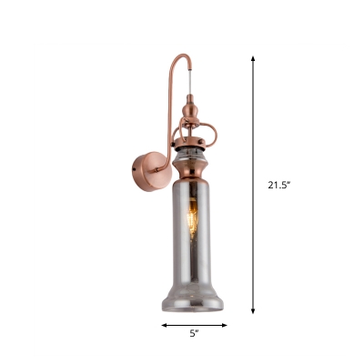 Contemporary 2-Light Wall Sconce Smoke Gray/Amber Glass Tube Wall Lamp with Gooseneck Arm in Copper Finish