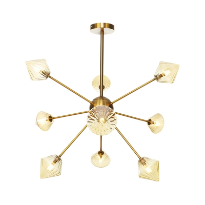 Contemporary Diamond Chandelier Lamp Amber/Clear Glass 9 Bulbs Living Room Pendant Lighting Fixture