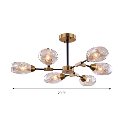 Cup Hanging Chandelier Modern Dimpled Blown Glass 6 Heads Black-Gold Ceiling Pendant Light