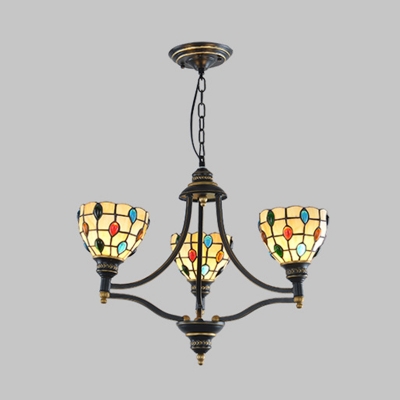Domed Chandelier Lamp Tiffany Multicolored Stained Glass 3/5/6 Heads Black and Gold Suspension Light