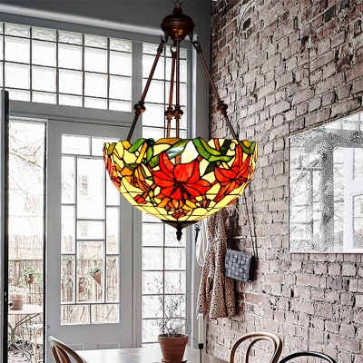 Floral Ceiling Chandelier Tiffany-Style Hand-Crafted Glass 2 Heads Red/Pink/Purple Drop Pendant for Bedroom