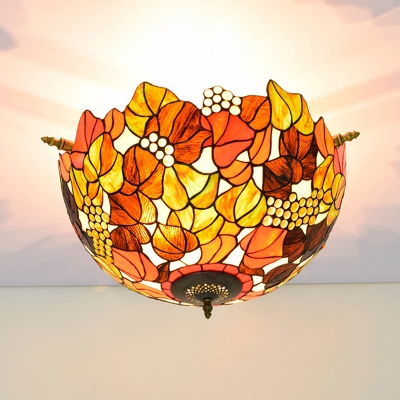 Flower Ceiling Flush Tiffany-Style Stained Art Glass 5 Heads Brass Flush Mount Lighting Fixture